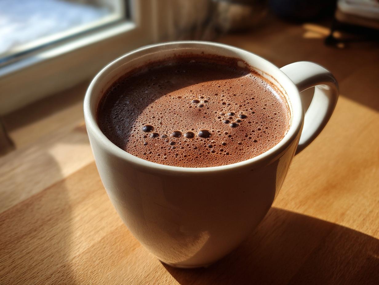 A white mug filled with rich, foamy crockpot hot chocolate sitting on a sunlit wooden surface.