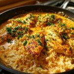 Close-up of seared cajun chicken breasts served over creamy rice in a black skillet, garnished with parsley.