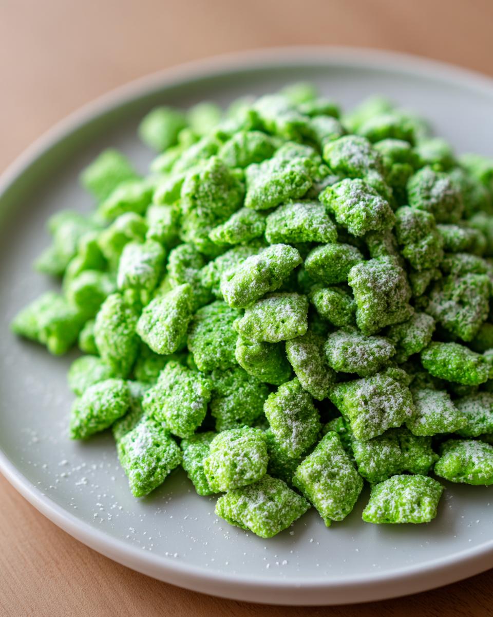 A close-up of bright green, powdered sugar-dusted pistachio puppy chow piled high on a light gray plate.