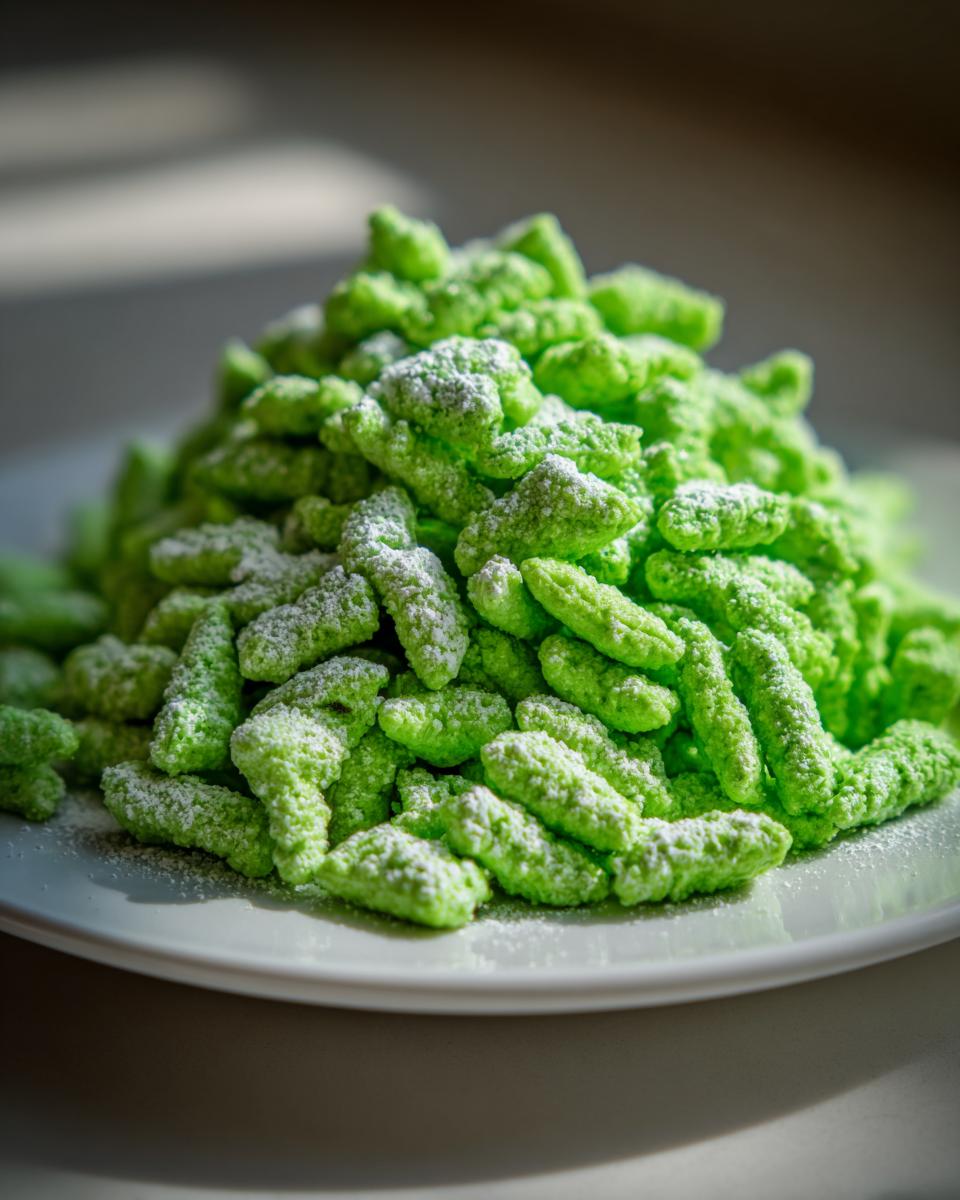 A mound of bright green, powdered sugar-dusted pistachio puppy chow piled high on a white plate.