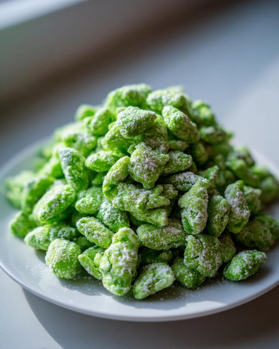 A close-up of bright green pistachio puppy chow dusted heavily with powdered sugar piled on a white plate.