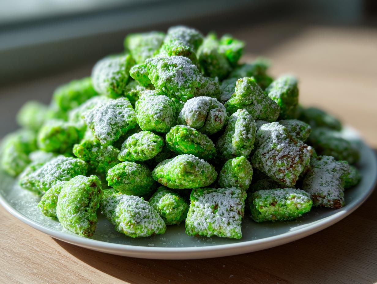 A mound of bright green, powdered sugar-dusted pistachio puppy chow piled high on a light-colored plate.