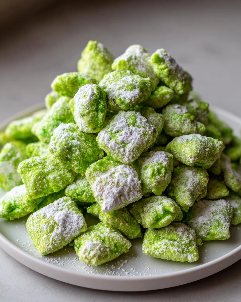 A tall mound of bright green pistachio puppy chow coated heavily in powdered sugar, served on a white plate.