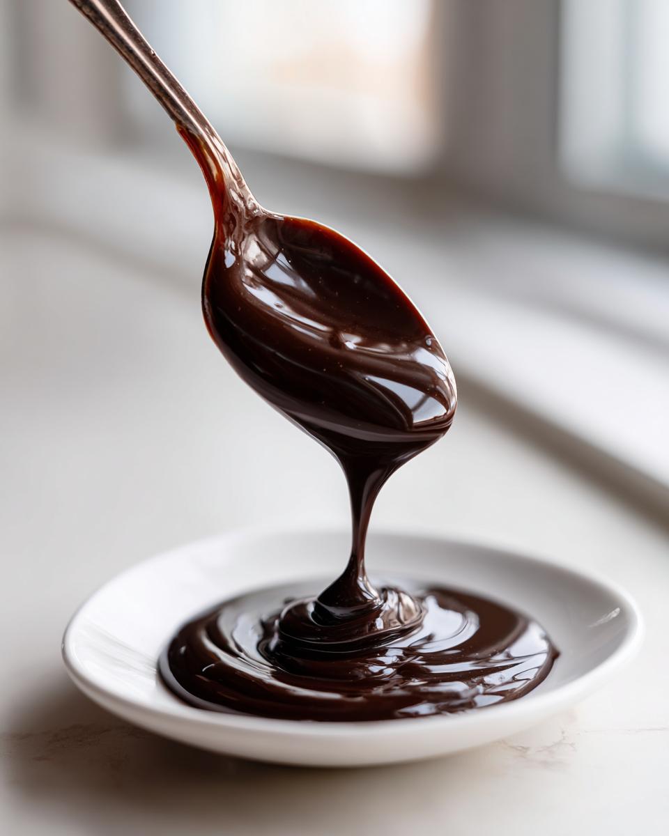 A spoonful of rich, glossy chocolate ganache drips into a small white dish below.