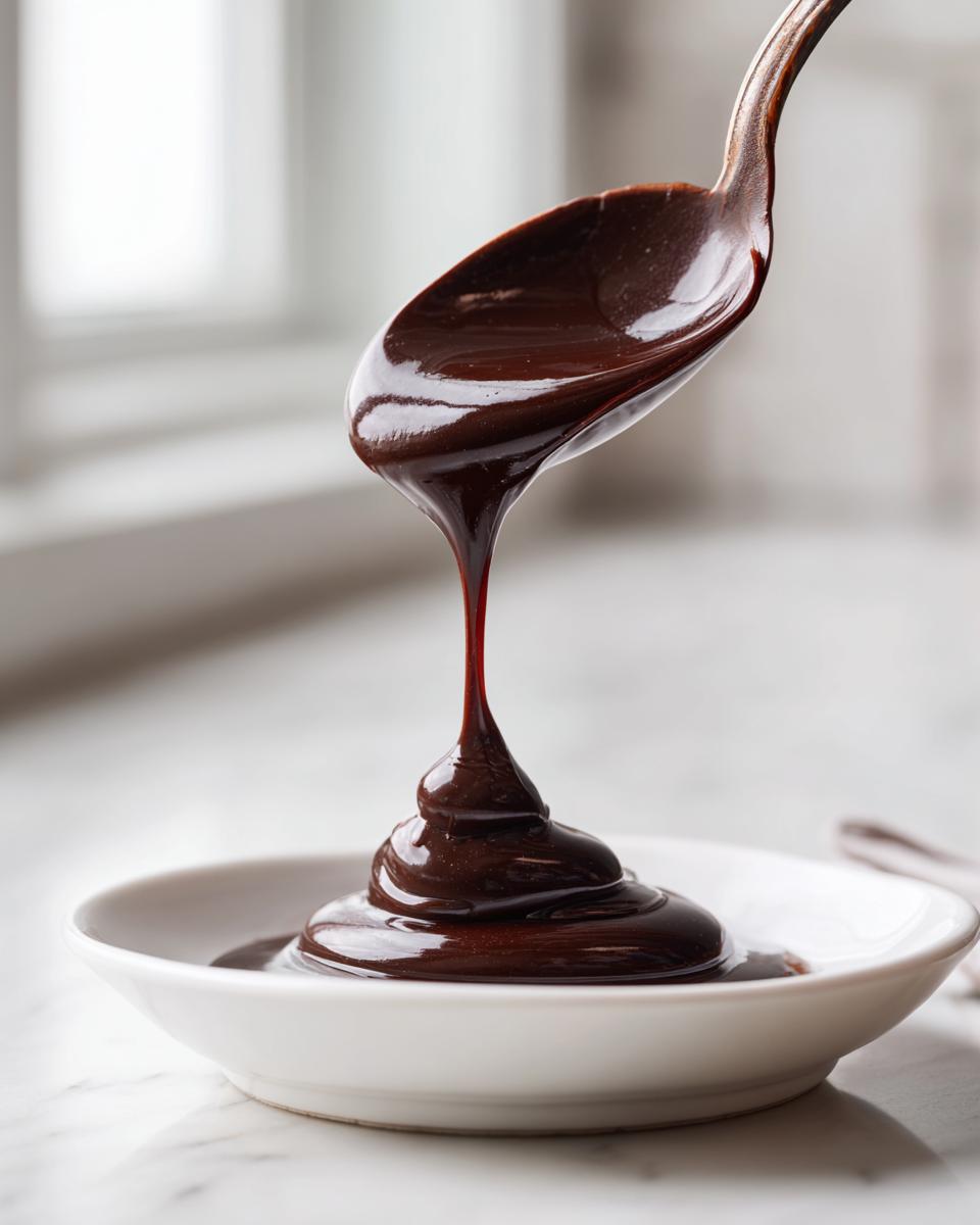 A spoonful of rich, glossy chocolate ganache drips down into a small white bowl creating a swirl.