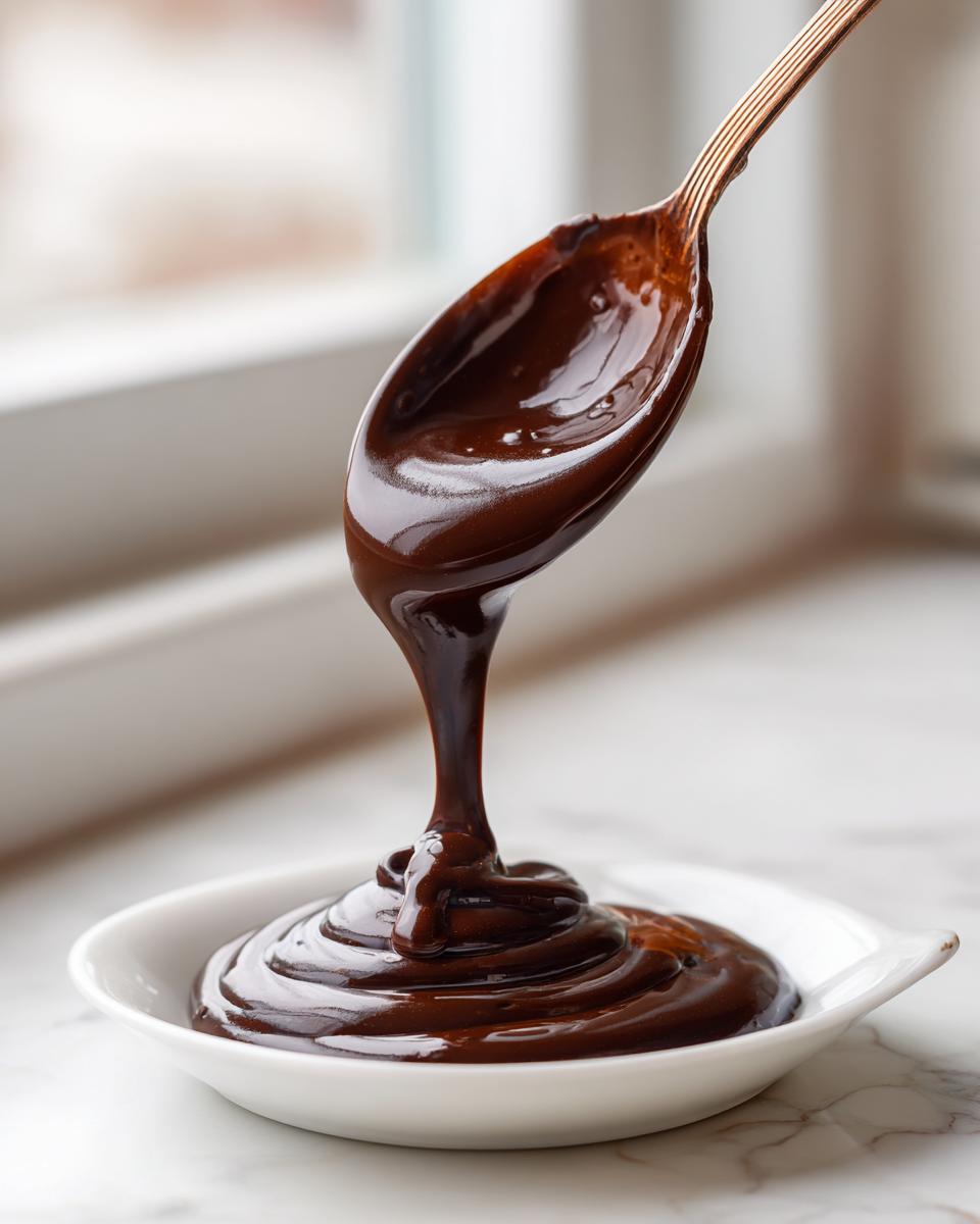 A spoonful of rich, glossy chocolate ganache is dripping back into a small white bowl.