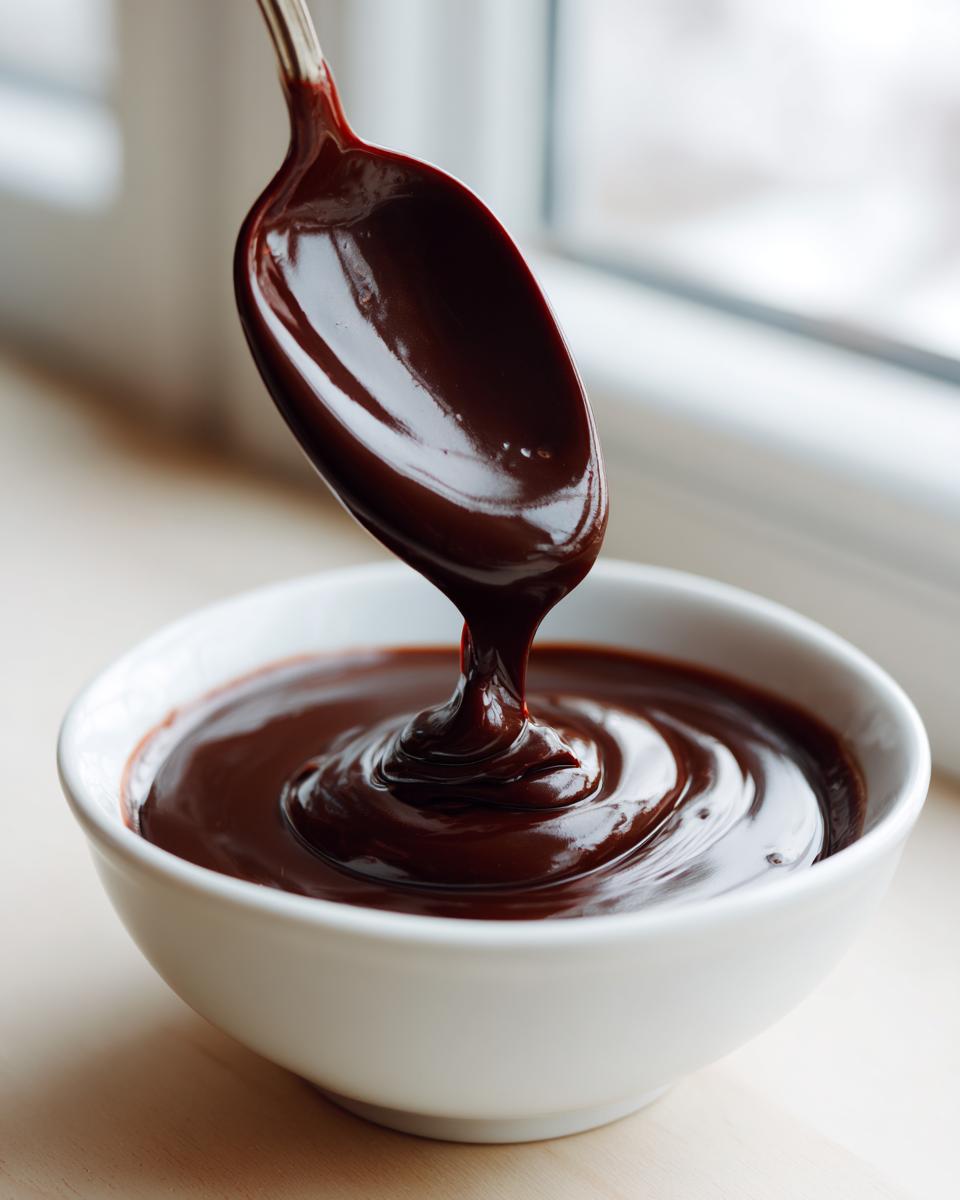 A spoonful of rich, dark chocolate ganache is being poured back into a white bowl, showing its glossy texture.