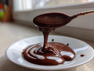 A spoonful of thick, glossy chocolate ganache drips onto a white plate, showing its perfect consistency.