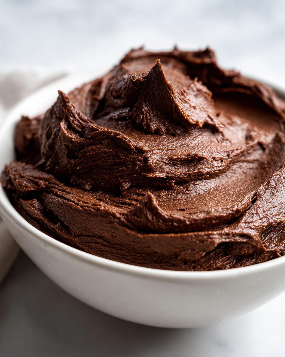 A close-up of rich, dark chocolate buttercream frosting swirled high in a white bowl.