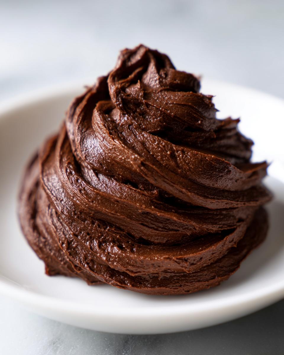 A close-up swirl of rich, dark chocolate buttercream frosting piped onto a small white dish.