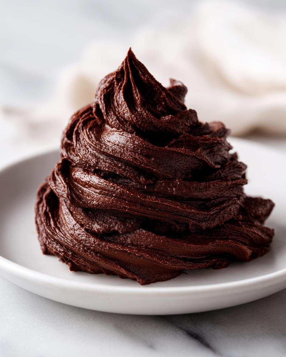 A perfect, glossy swirl of rich chocolate buttercream frosting piped onto a white plate.