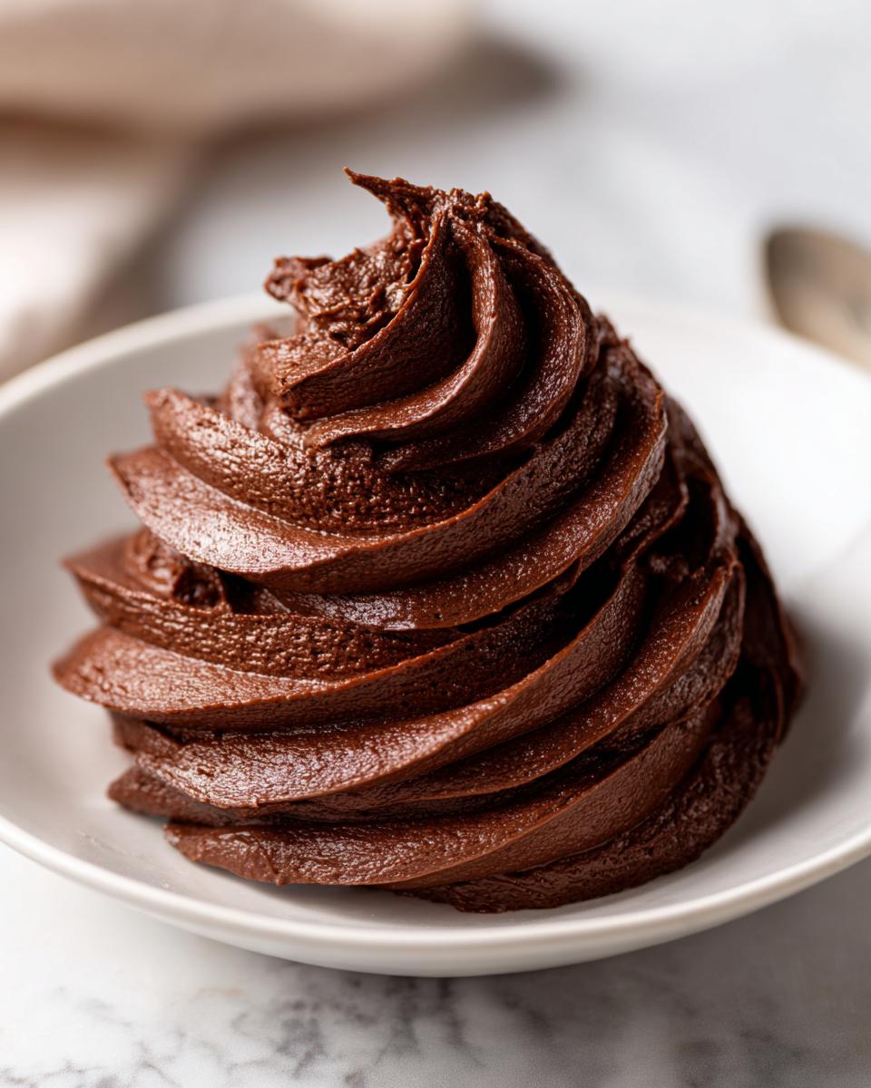 A close-up swirl of rich, dark chocolate buttercream frosting piped into a small white bowl.