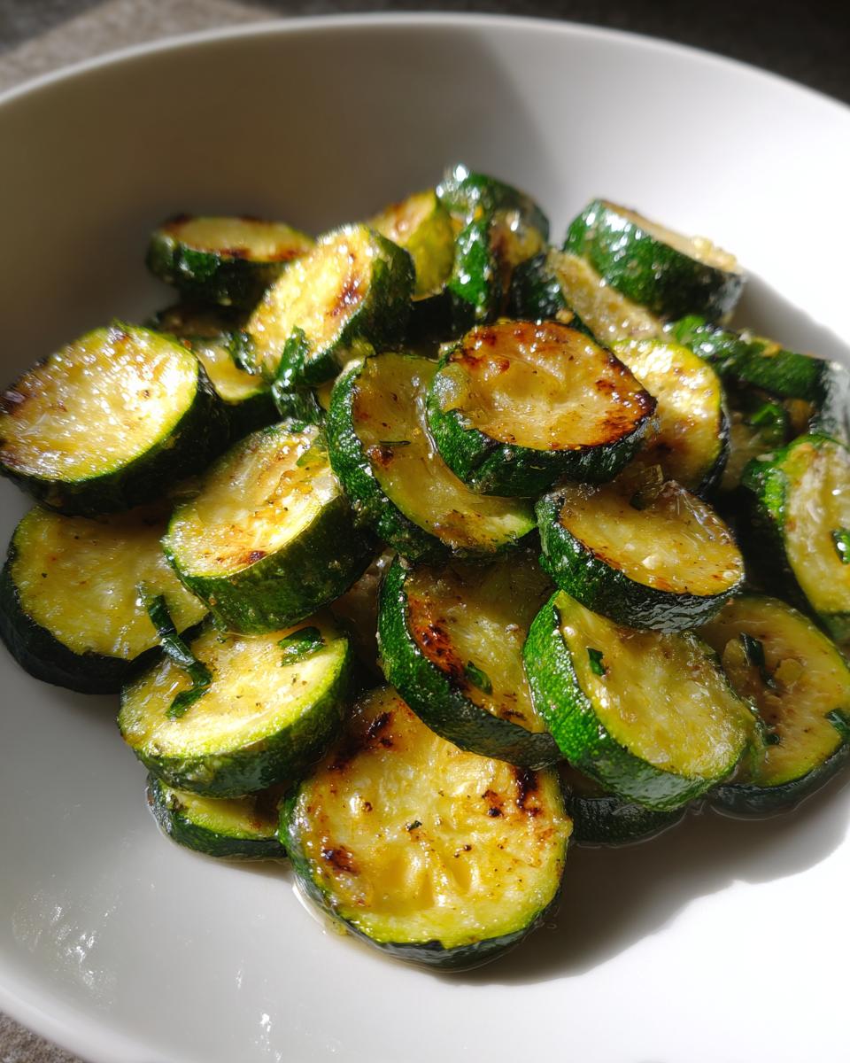 Close-up of golden brown, glossy sauteed zucchini slices piled high on a white dish.