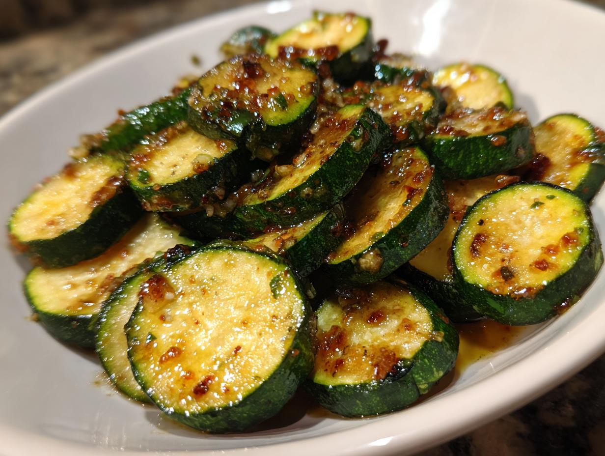 Close-up of perfectly cooked sauteed zucchini slices coated in a glossy, savory glaze.