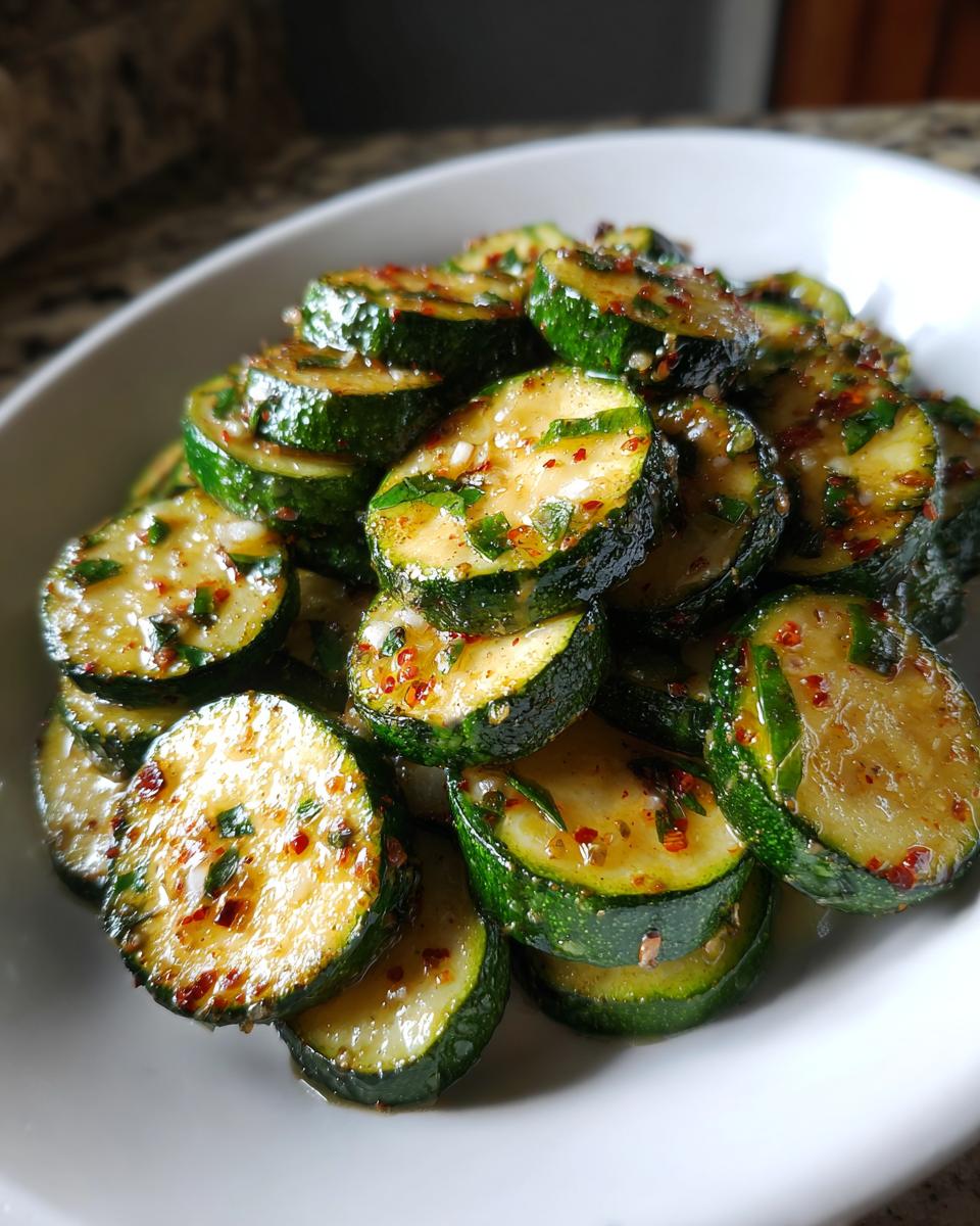 Close-up of glossy, round slices of sauteed zucchini seasoned with herbs and red pepper flakes.