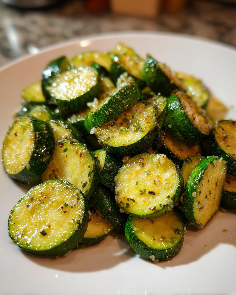 Close-up of glossy, seasoned sauteed zucchini slices piled high on a white plate.