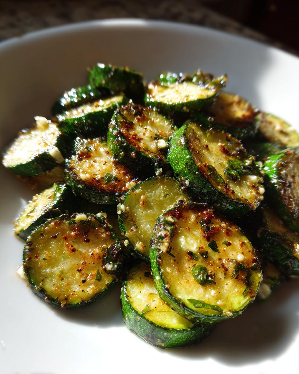 Close-up of perfectly seasoned sauteed zucchini slices glistening with oil, herbs, and spices in a white bowl.