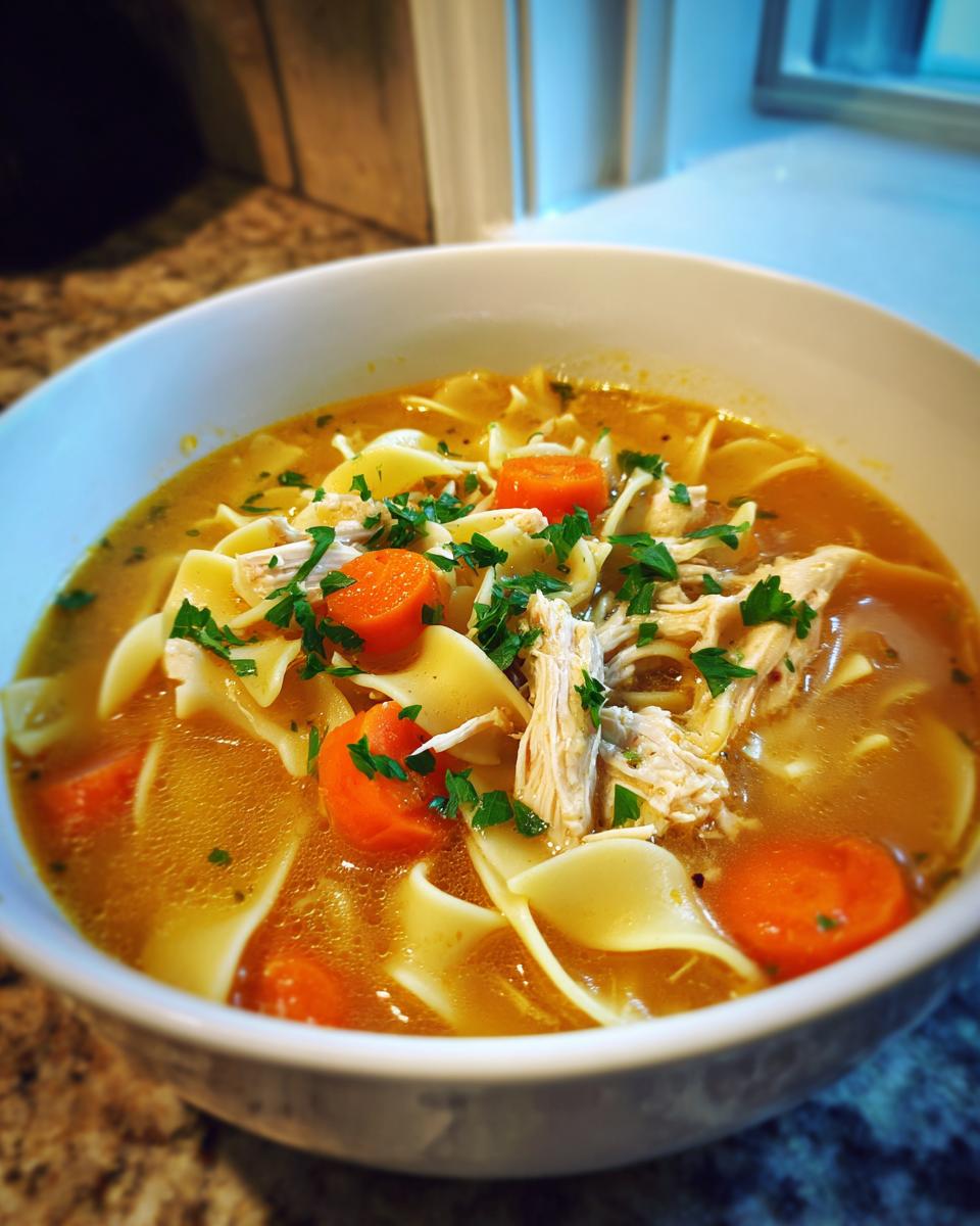 Close-up of a white bowl filled with rich broth, egg noodles, shredded chicken, and sliced carrots in slow cooker chicken noodle soup.