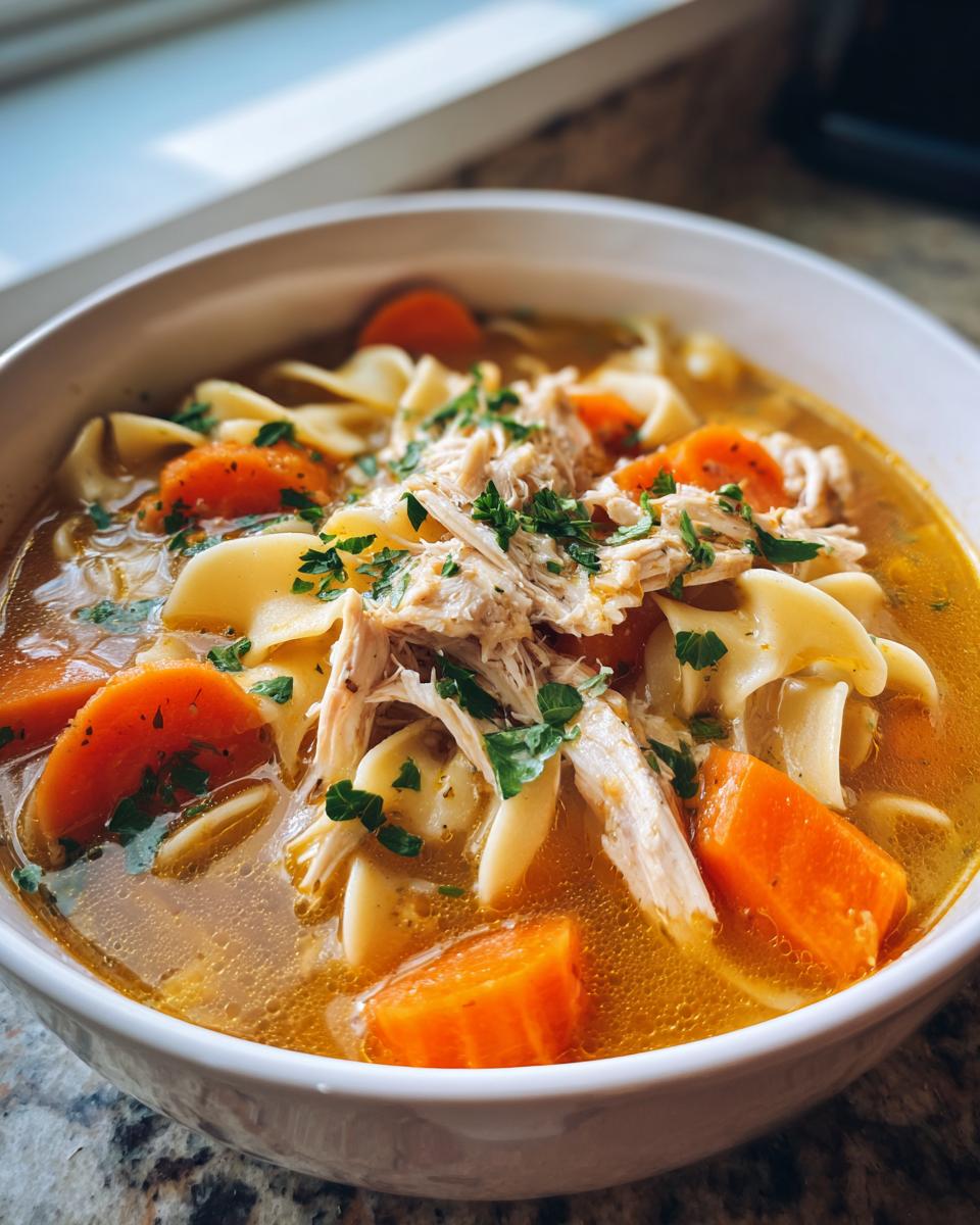 Close-up of a bowl of rich, golden slow cooker chicken noodle soup topped with shredded chicken, carrots, and parsley.