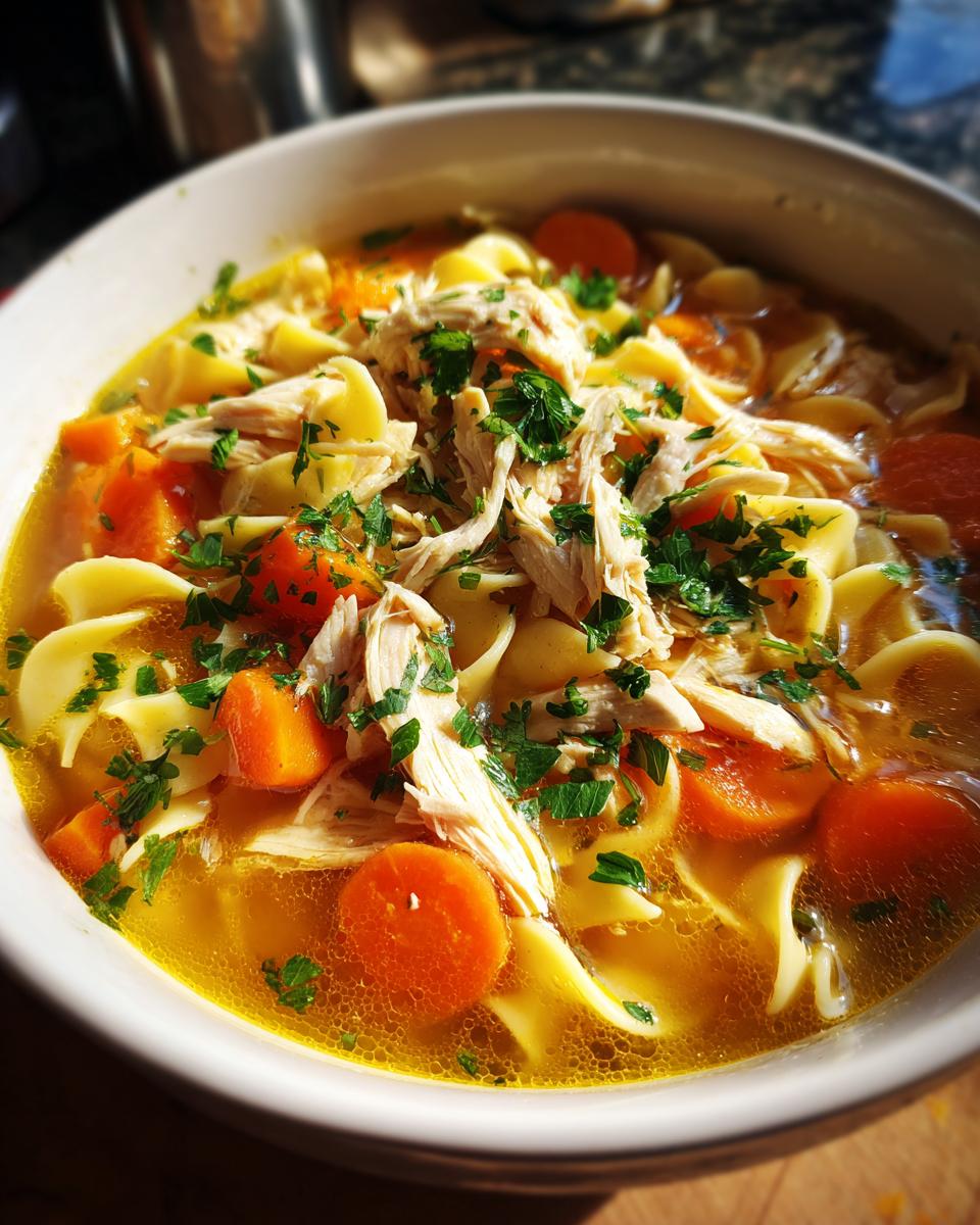 Close-up of a hearty bowl of slow cooker chicken noodle soup, featuring shredded chicken, egg noodles, and bright orange carrots.