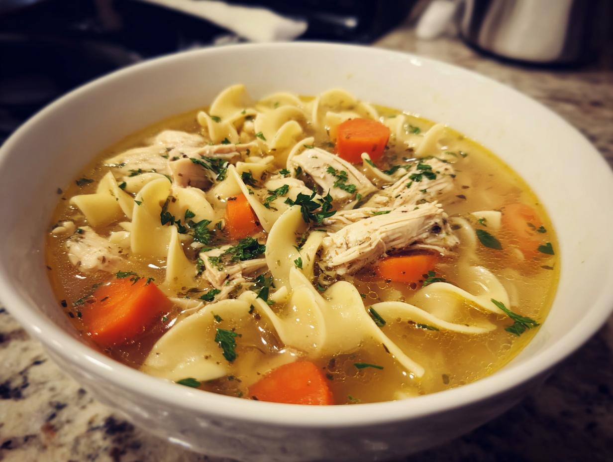 Close-up of a white bowl filled with rich broth, egg noodles, shredded chicken, carrots, and parsley from slow cooker chicken noodle soup.