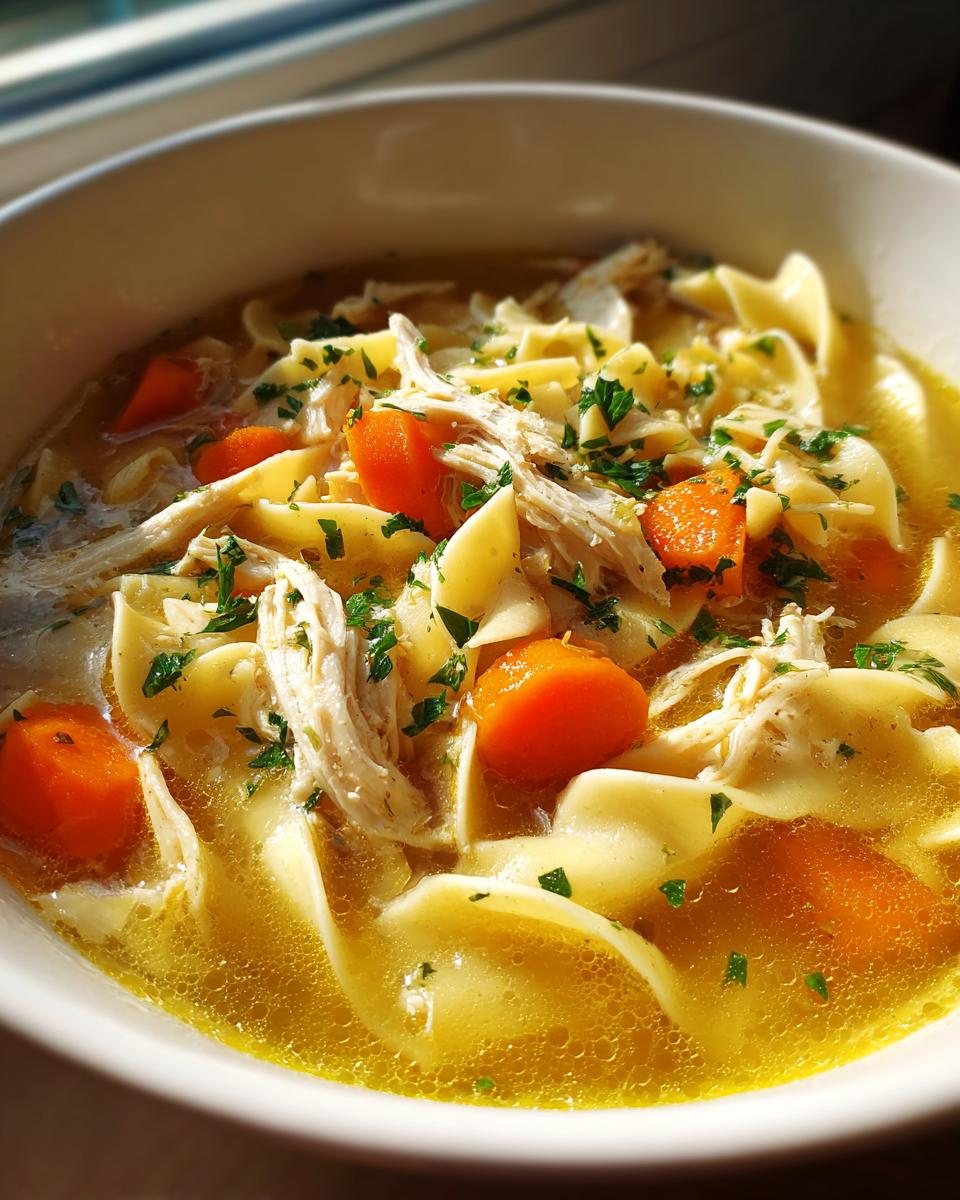 Close-up of a white bowl filled with rich, yellow broth, egg noodles, shredded chicken, and bright orange carrots from the slow cooker chicken noodle soup.