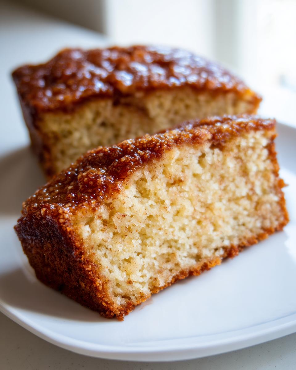 Close-up of two thick slices of moist snickerdoodle banana bread with a glistening cinnamon-sugar topping.
