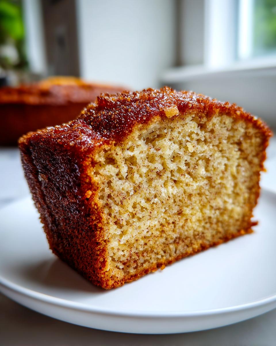 Close-up of a thick slice of moist snickerdoodle banana bread showing a cinnamon sugar crust.