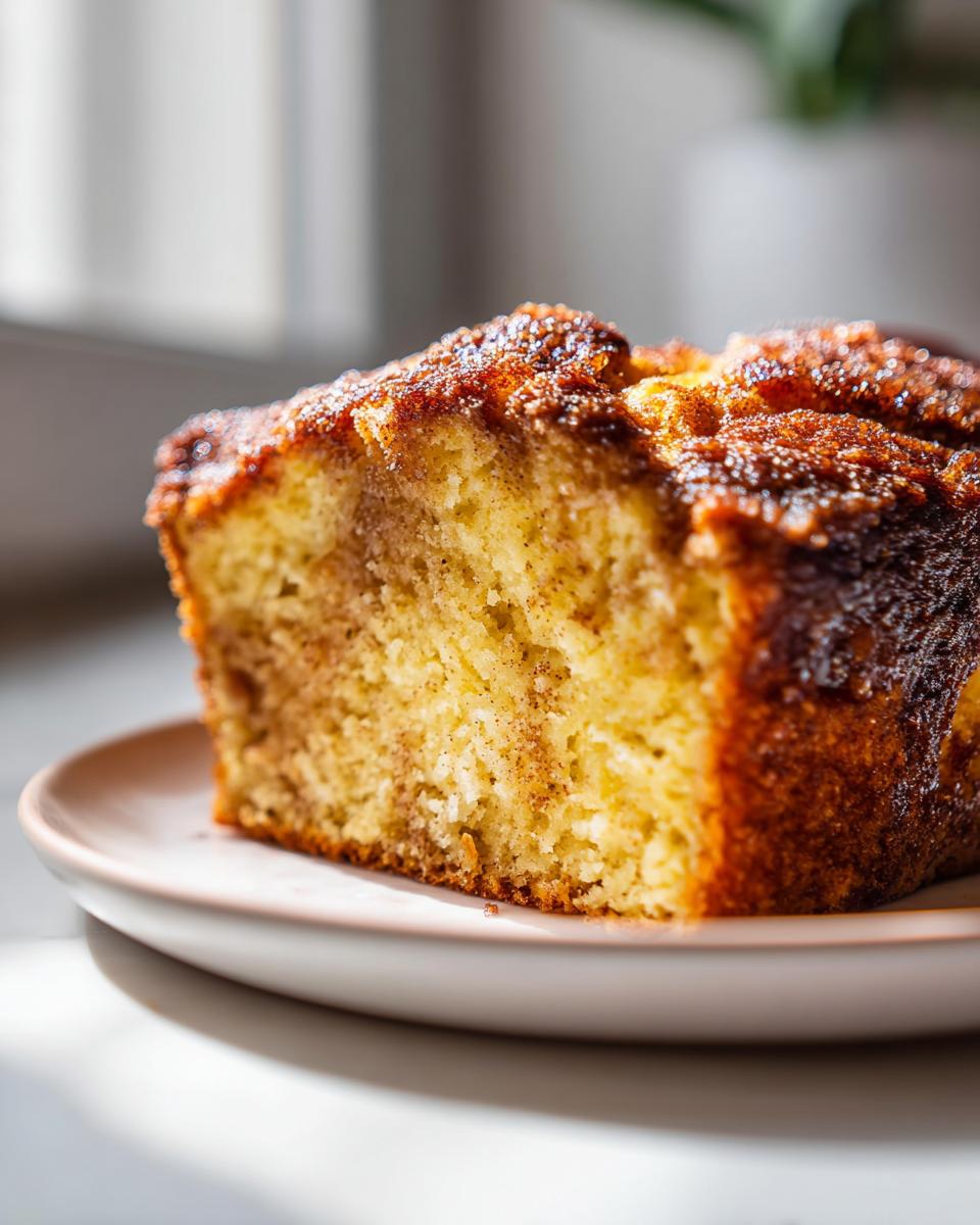 Close-up of a moist slice of snickerdoodle banana bread featuring a crunchy cinnamon-sugar topping.