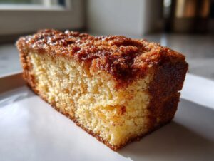 Close-up of a moist slice of snickerdoodle banana bread featuring a thick, sugary cinnamon crumb topping.