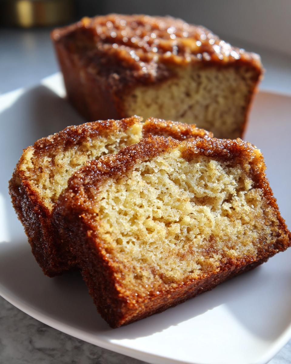 Two thick slices of moist snickerdoodle banana bread showing a cinnamon swirl and sugary crust.