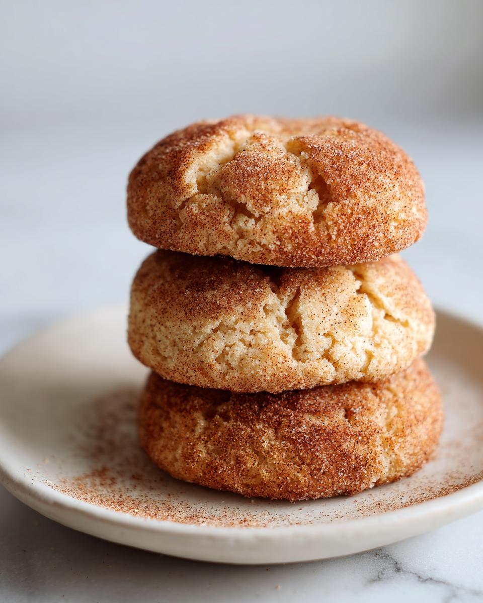 Three soft applesauce cookies stacked on a small white plate, generously coated in cinnamon sugar.
