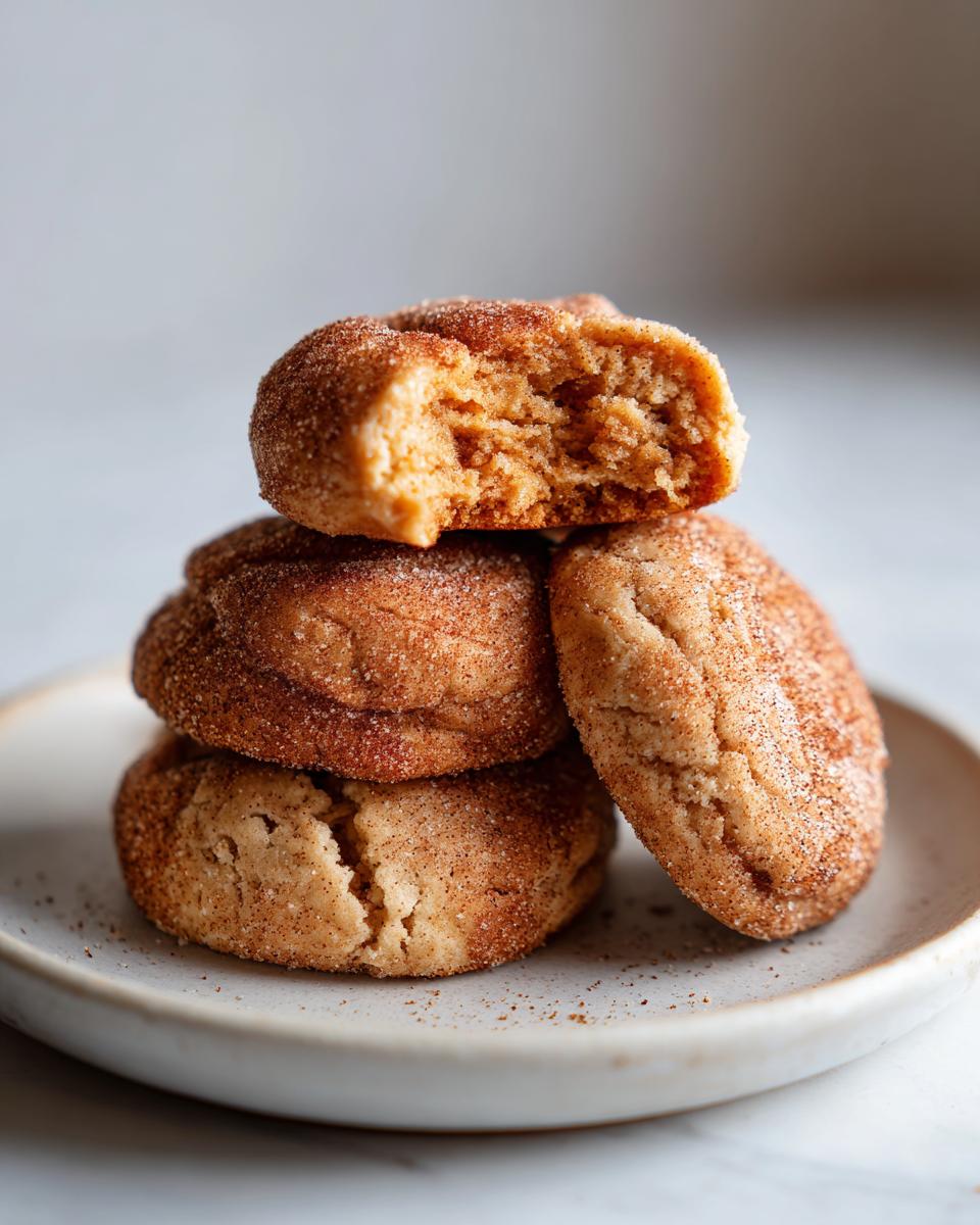 A stack of soft applesauce cookies coated in cinnamon sugar, with one cookie broken open showing the moist interior.