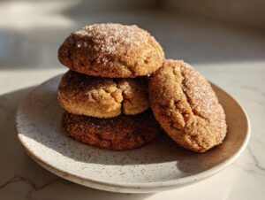 A stack of four soft applesauce cookies coated in cinnamon sugar, resting on a speckled ceramic plate.