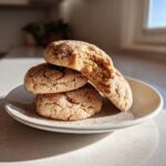 Three soft applesauce cookies, coated in cinnamon sugar, stacked on a white plate.