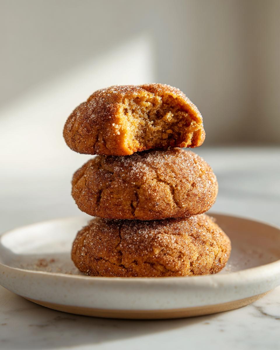Three soft, round applesauce cookies stacked on a plate, the top one is bitten to show the moist interior.