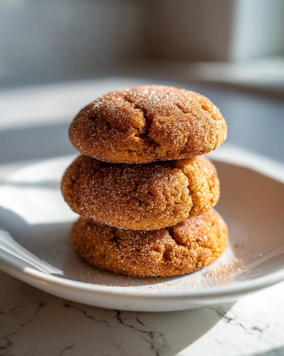 Three soft, round applesauce cookies stacked on a white plate, generously coated in cinnamon sugar.