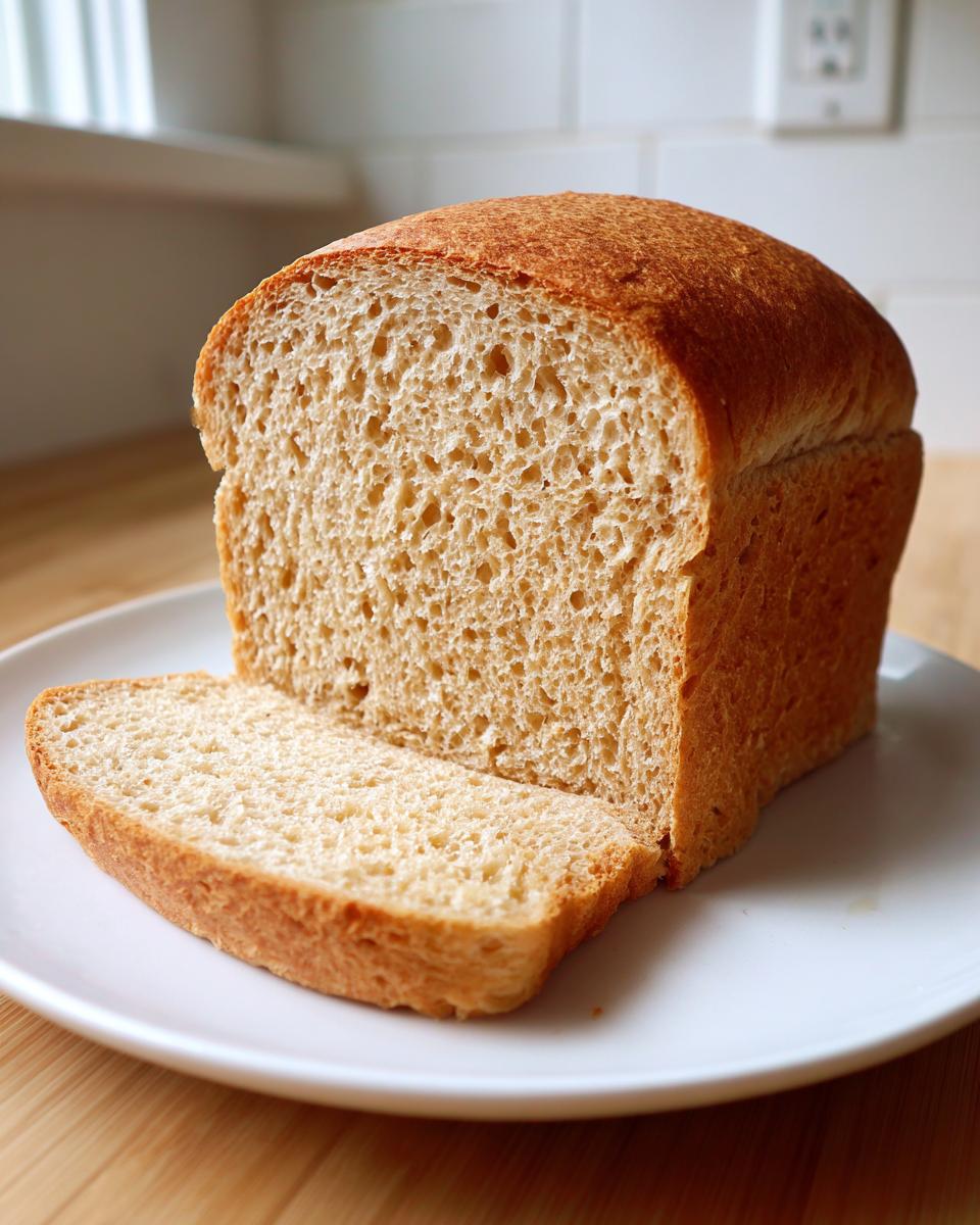 A freshly baked loaf of whole wheat bread, sliced open to show the soft, even crumb texture.