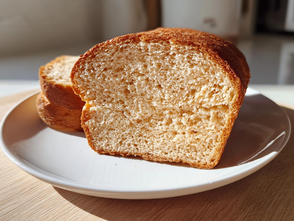 Close-up of a freshly sliced piece of soft whole wheat bread showing its fine crumb structure.