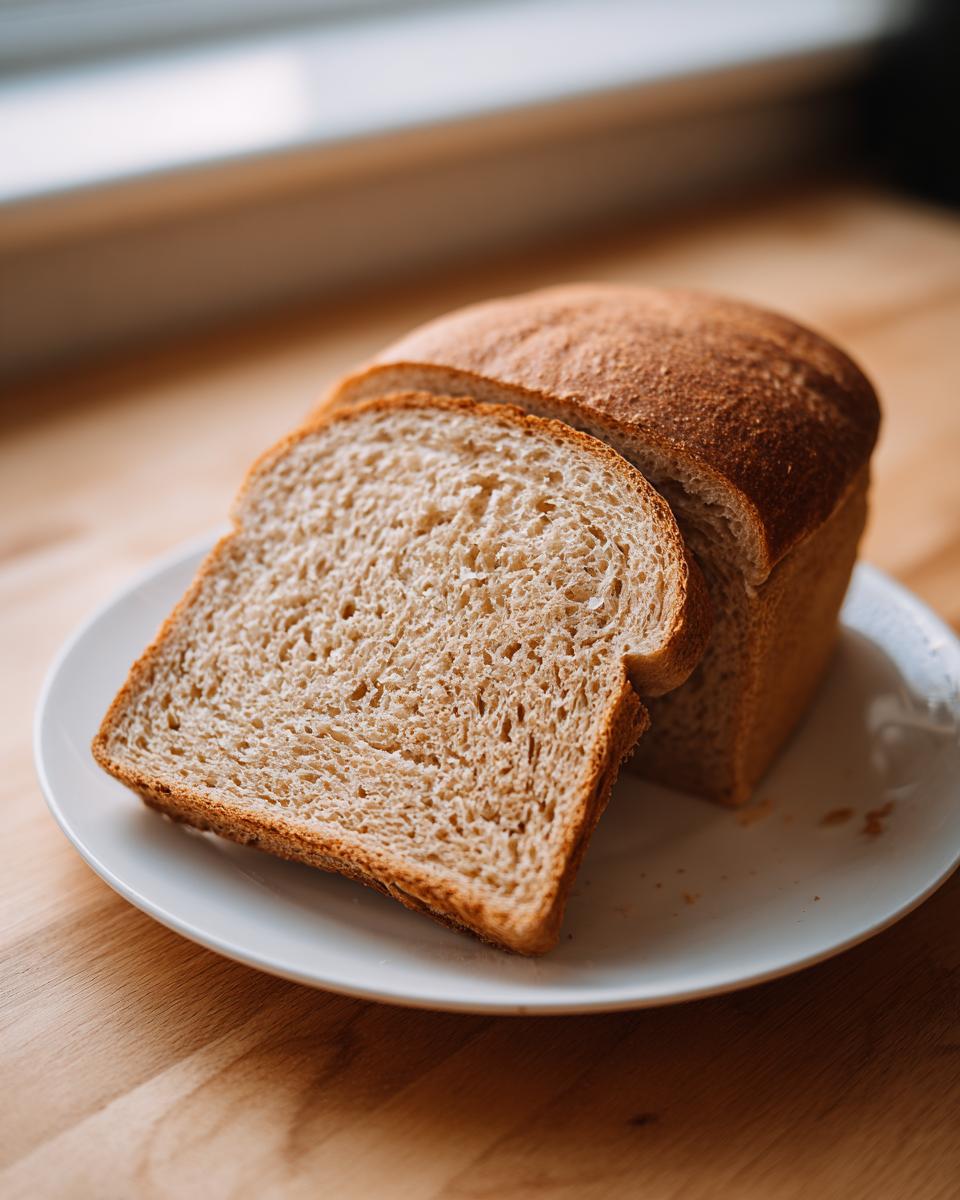 A loaf of homemade whole wheat bread with two slices cut and resting on a white plate.