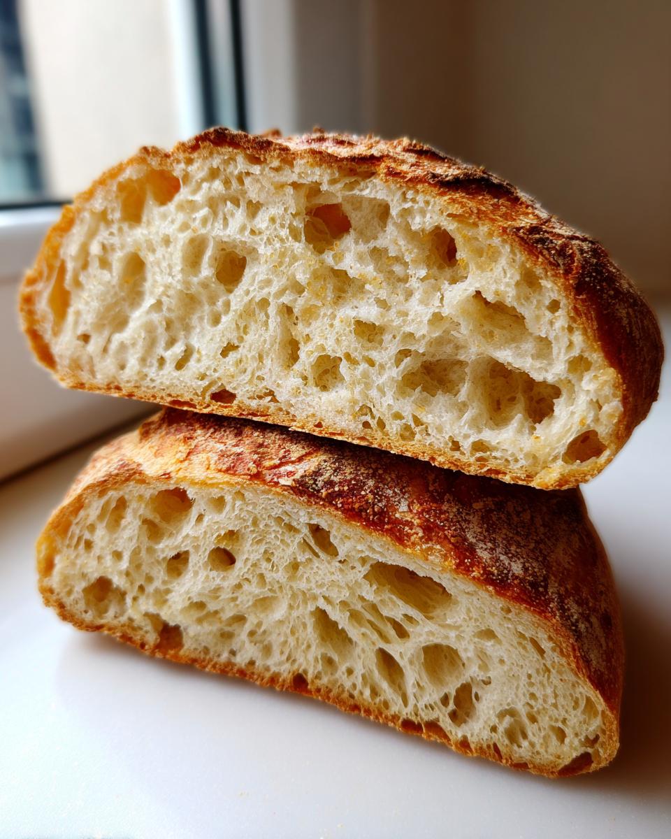 Close-up of two halves of sourdough english muffins stacked, showing the open, airy crumb structure.