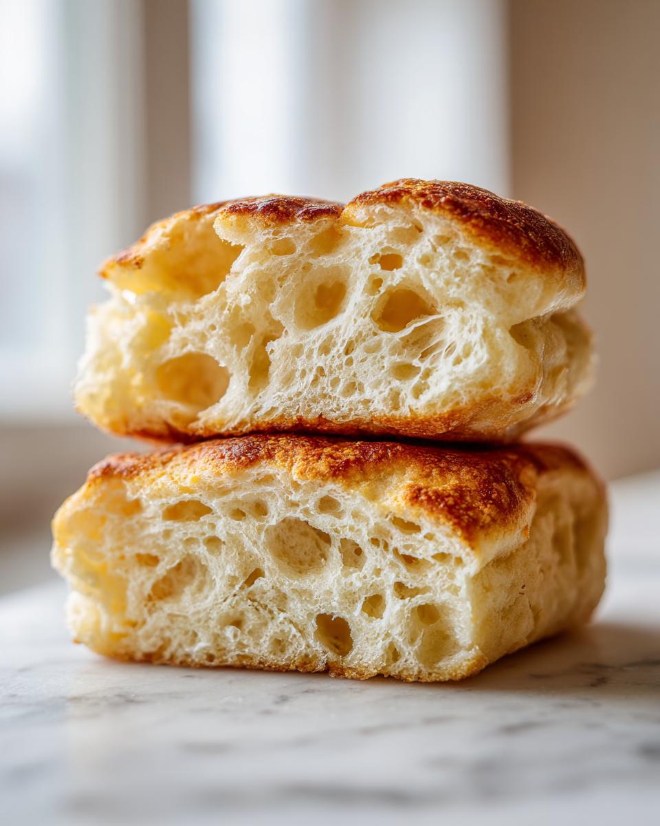 Close-up of two sourdough english muffins split open, showing the airy interior texture and many nooks.