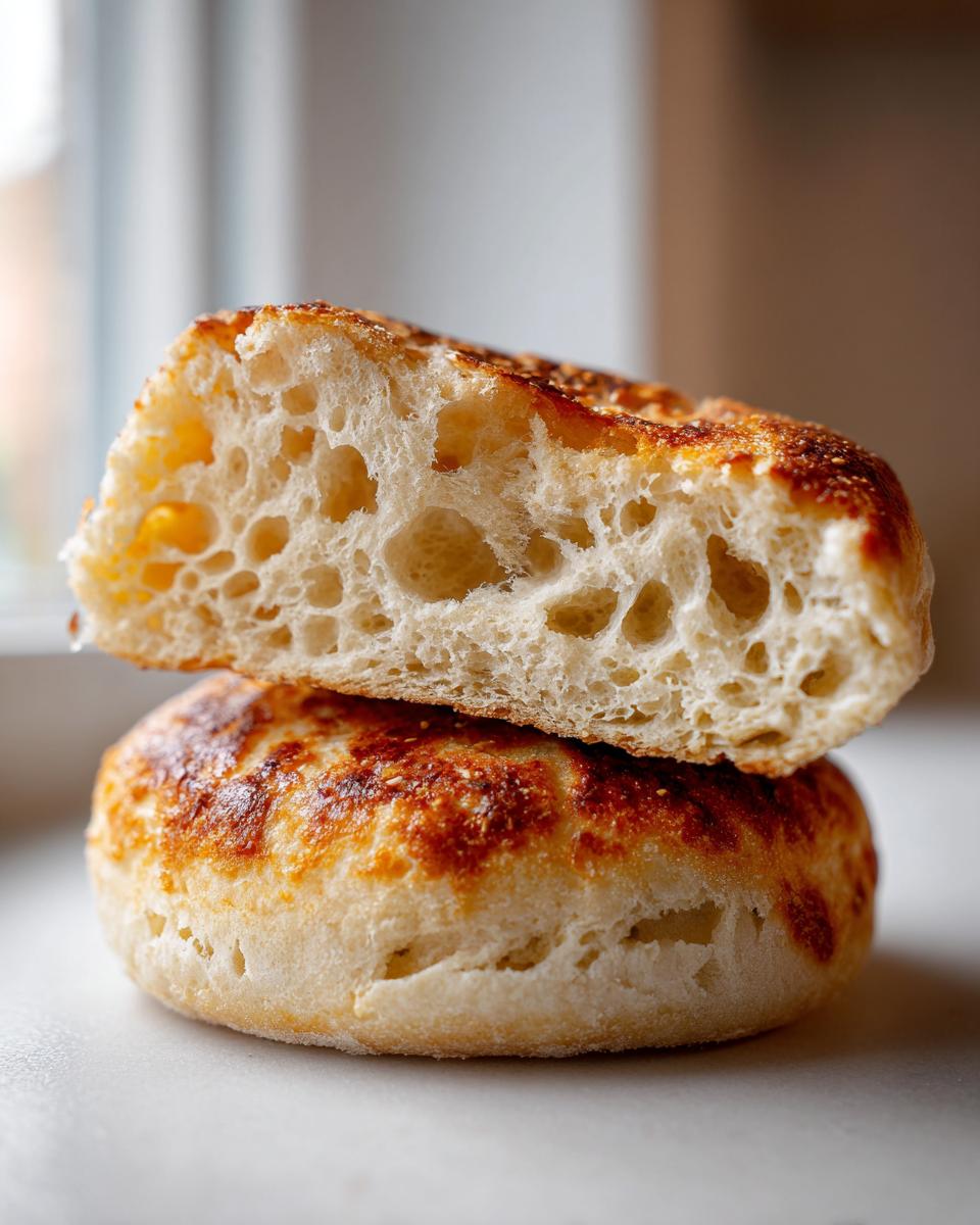 Close-up of a sourdough english muffin split in half showing the open, airy crumb structure.