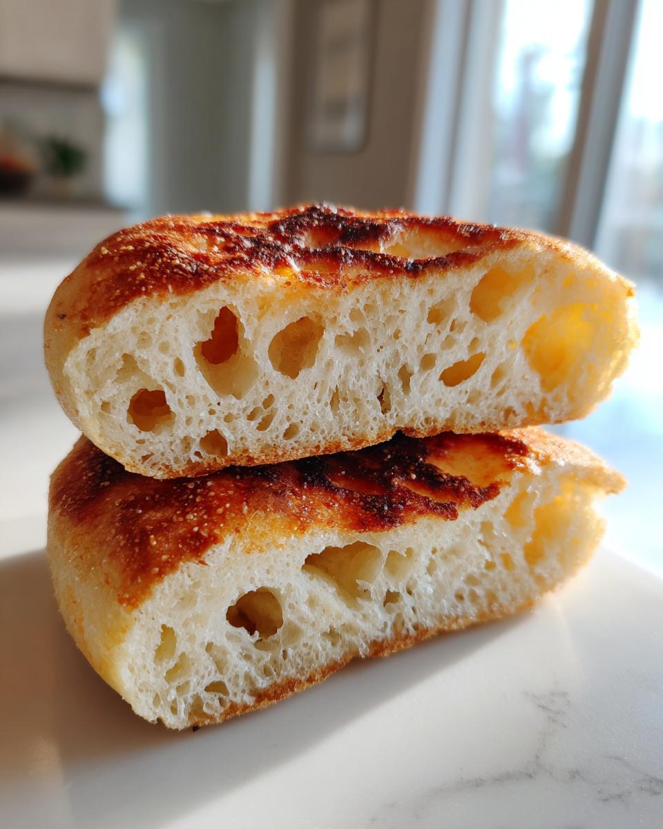 Cross-section view showing the open, airy crumb structure and nooks of a sourdough english muffin.