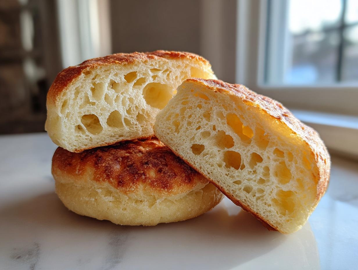 Close-up of sourdough english muffins cut open, showcasing the airy interior and many nooks and crannies.