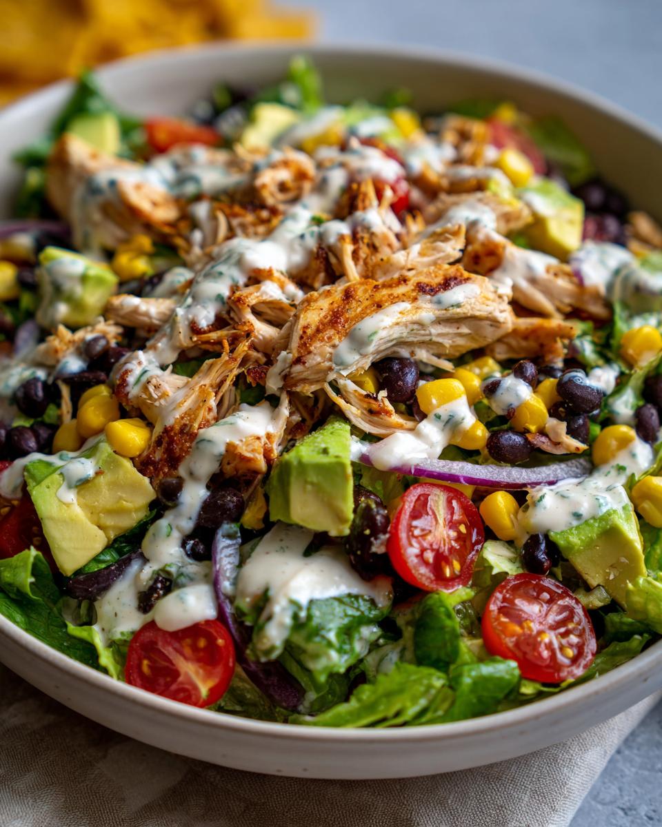 Close-up of a vibrant southwest salad topped with shredded seasoned chicken, black beans, corn, avocado, and creamy dressing.