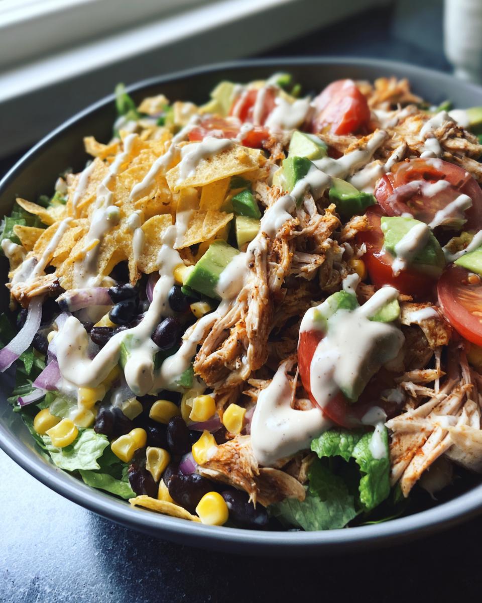 A vibrant bowl of southwest salad featuring shredded chicken, black beans, corn, avocado, tomatoes, and tortilla chips drizzled with dressing.