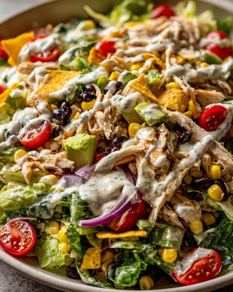 Close-up of a hearty southwest salad featuring shredded chicken, avocado, corn, black beans, and creamy dressing.
