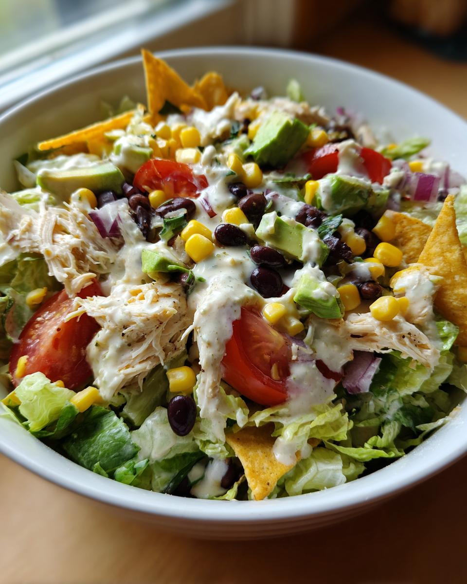A close-up of a hearty southwest salad featuring shredded chicken, avocado, black beans, corn, tomatoes, and creamy dressing.