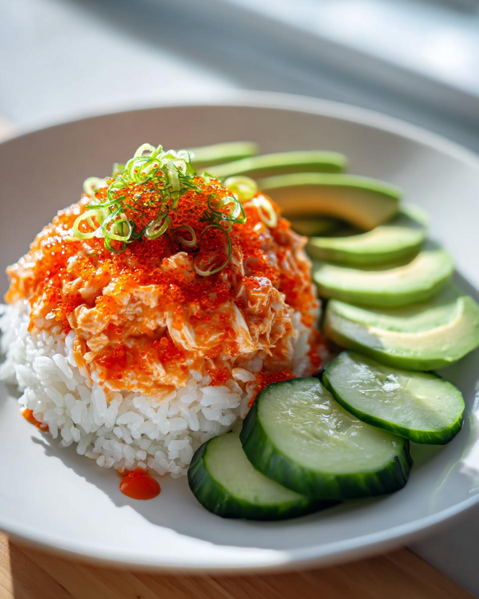 A serving of spicy crab sushi bowl featuring rice topped with spicy crab mix and roe, served with sliced avocado and cucumber.